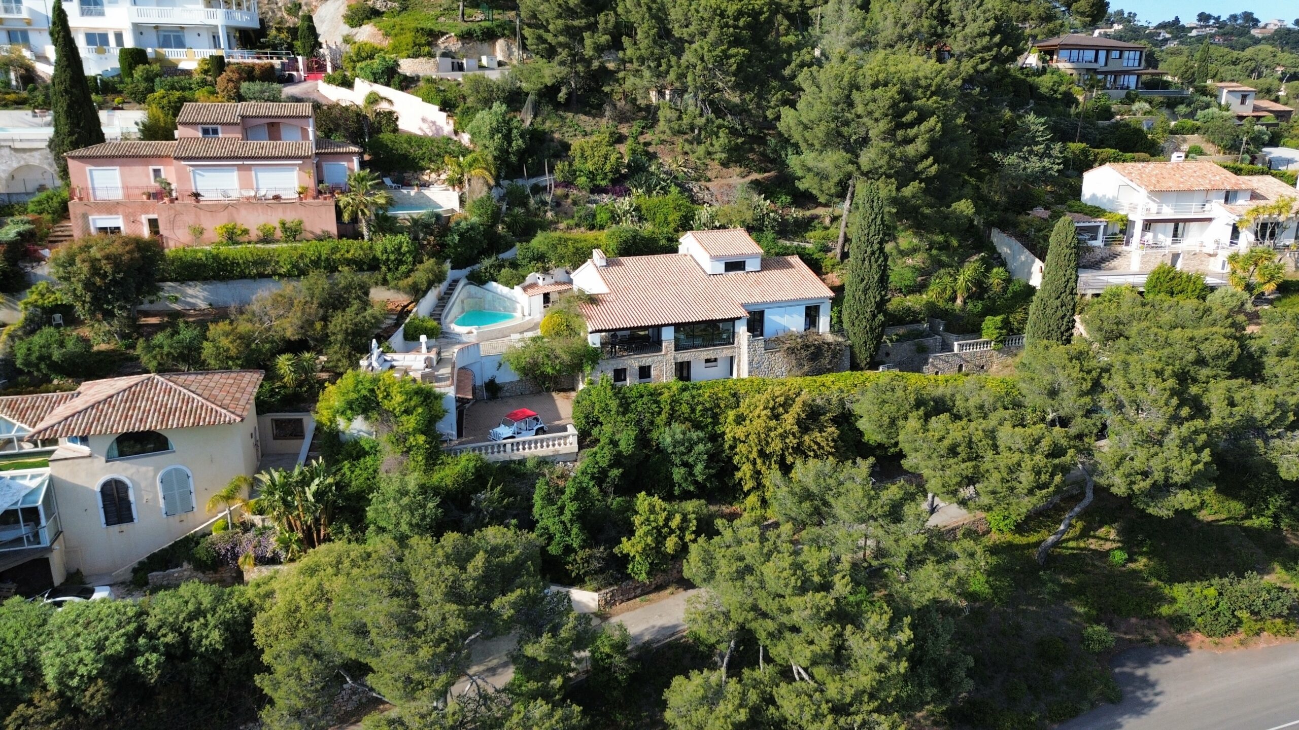 Vue aérienne de villas avec piscines nichées dans la pinède sur la Côte d'Azur — Terravogue Immobilier